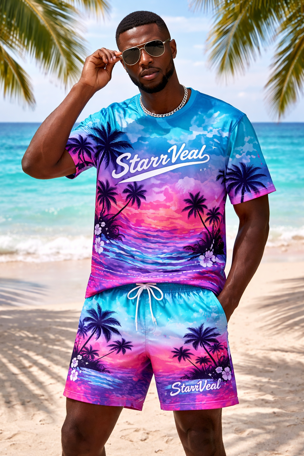 “StarrVeal Tropical Sunset Palm Tree T-Shirt & Swim Shorts Set”