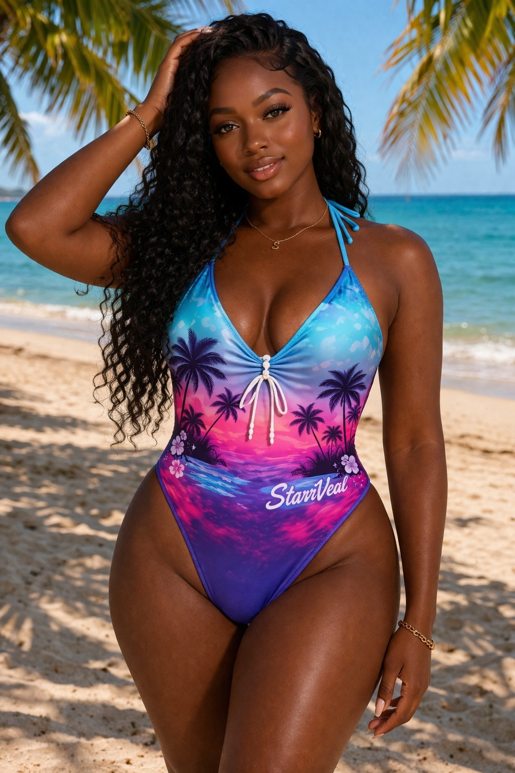 "StarrVeal Tropical Sunset Palm Tree
One-Piece Swimsuit"